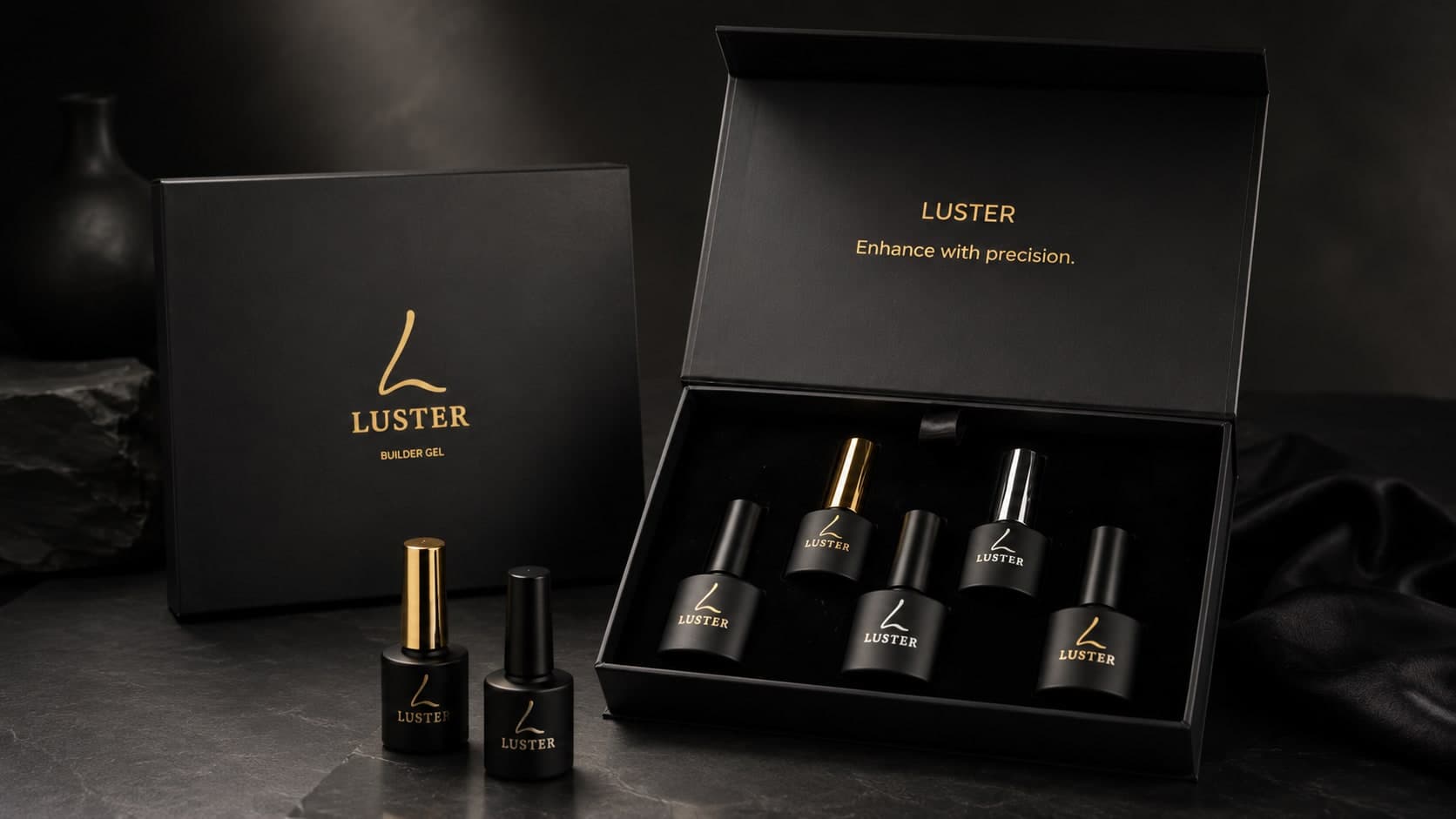 The LUSTER Structure System — matte black builder gel bottles and presentation box
